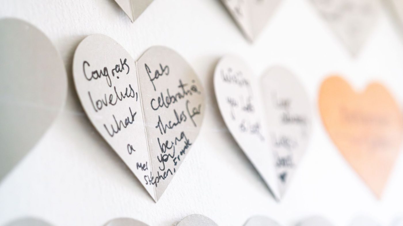 Handwritten speech notes on index cards next to a wedding reception glass